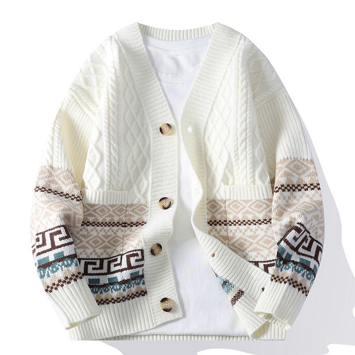 Maglione etnico a maniche lunghe da uomo in maglia jacquard con motivo Buddha Stones e tasche. - Bianco - US/UK/AU44, EU54 (4XL) - image 0