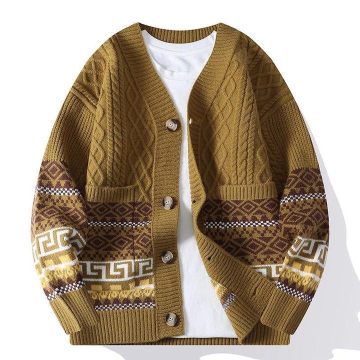 Maglione etnico a maniche lunghe da uomo in maglia jacquard con motivo Buddha Stones e tasche. - Verga d'oro scura - US/UK/AU44, EU54 (4XL) - image 8