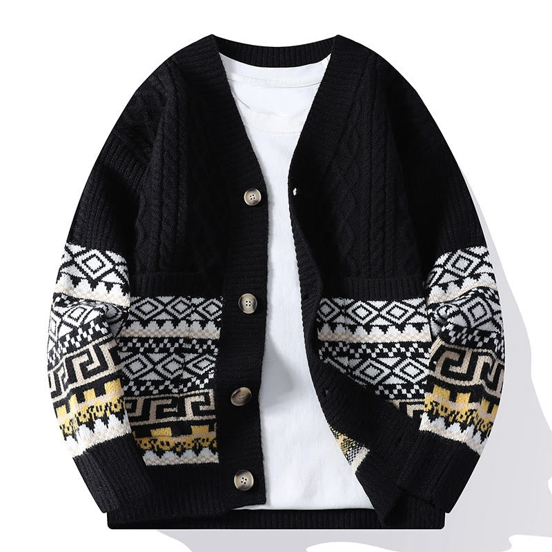 Maglione etnico a maniche lunghe da uomo in maglia jacquard con motivo Buddha Stones e tasche. - Nero - US/UK/AU44, EU54 (4XL) - image 7