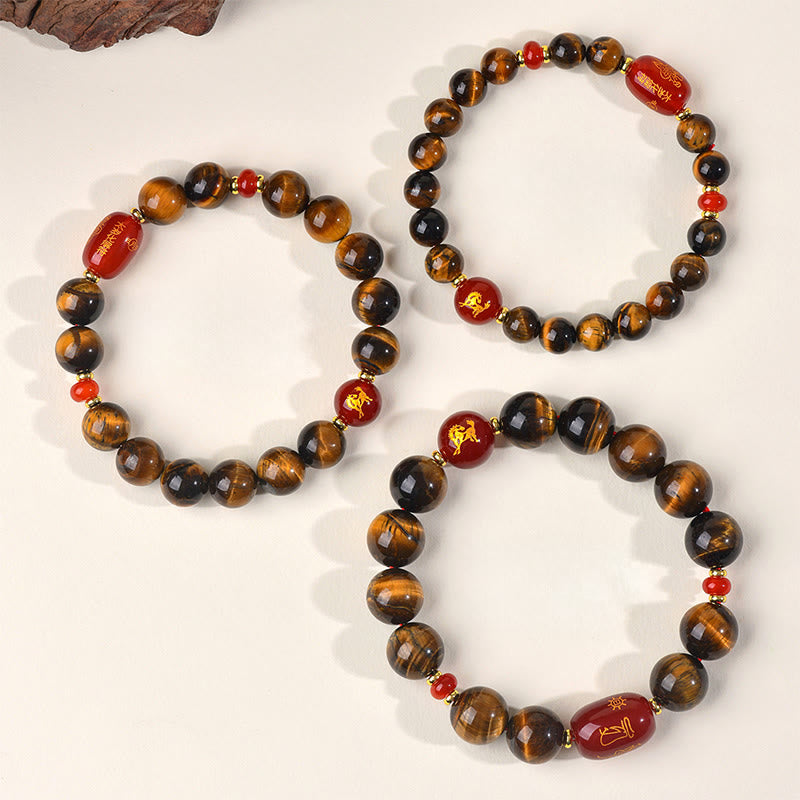 Braccialetto di protezione in agata rossa naturale con occhio di tigre e 12 Buddha Stones - image 1