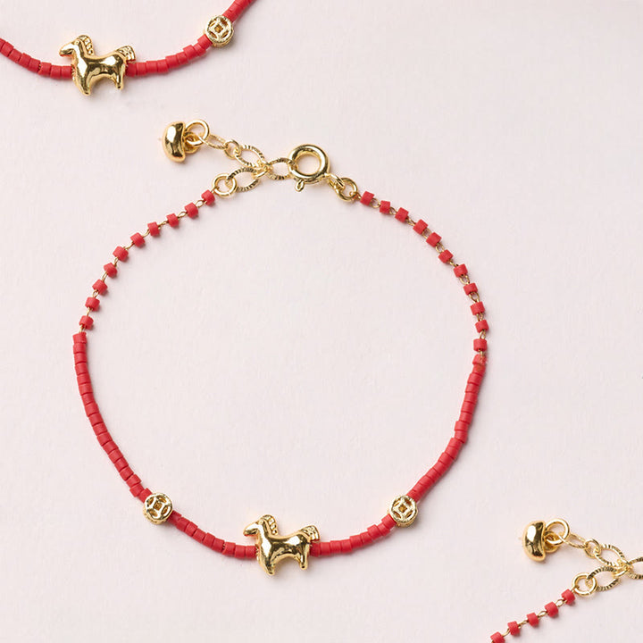 Bracciale della prosperità in vetro rosso Liuli dell'anno del cavallo, in argento sterling 925 placcato oro Buddha Stones - image 0