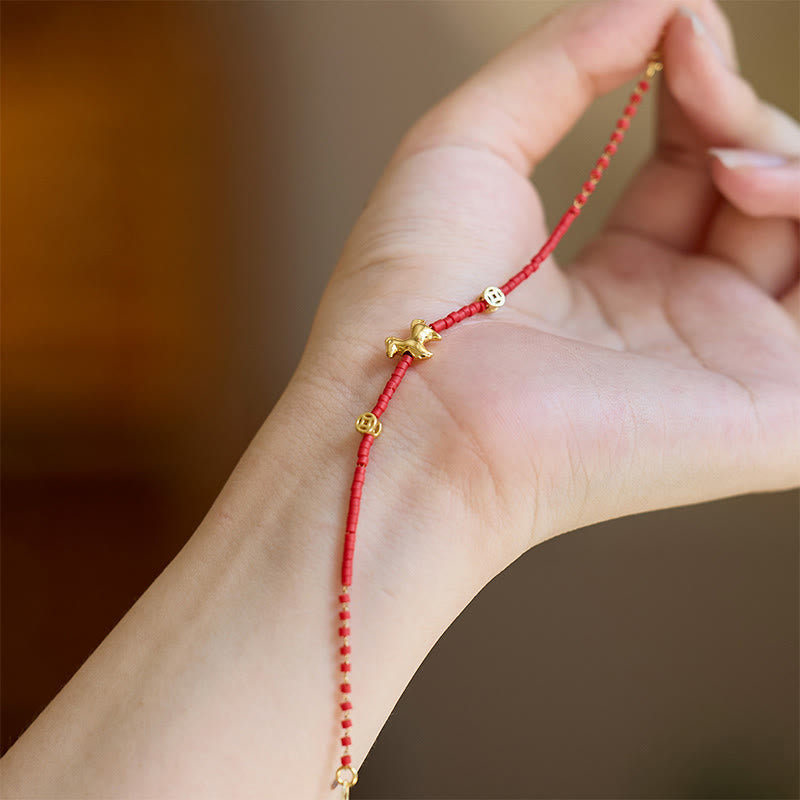 Bracciale della prosperità in vetro rosso Liuli dell'anno del cavallo, in argento sterling 925 placcato oro Buddha Stones - image 3