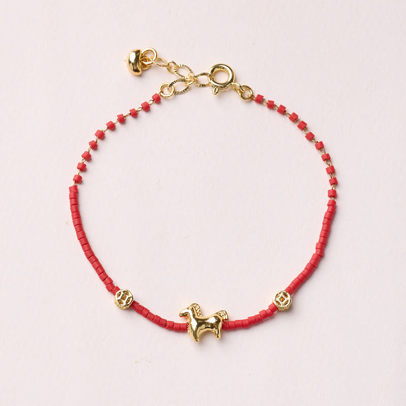 Bracciale della prosperità in vetro rosso Liuli dell'anno del cavallo, in argento sterling 925 placcato oro Buddha Stones - Bracciale a forma di cavallo - image 1