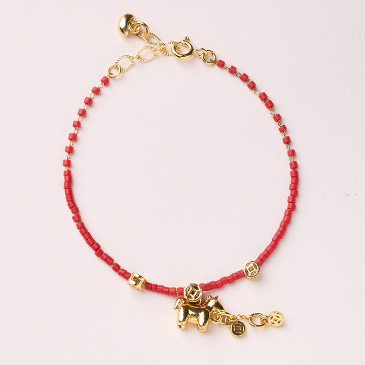 Bracciale della prosperità in vetro rosso Liuli dell'anno del cavallo, in argento sterling 925 placcato oro Buddha Stones - Bracciale con moneta a forma di cavallo - image 11