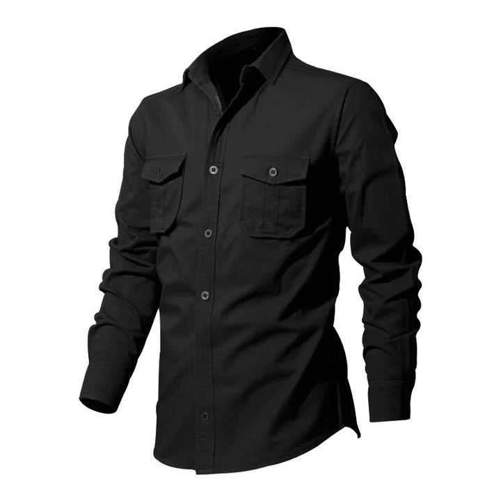 Camicia da uomo a maniche lunghe con colletto alla coreana e tasche, tinta unita, con Buddha Stones. - image 5