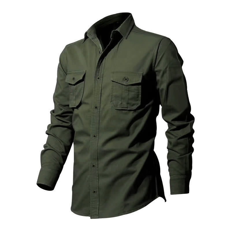 Camicia da uomo a maniche lunghe con colletto alla coreana e tasche, tinta unita, con Buddha Stones. - image 3