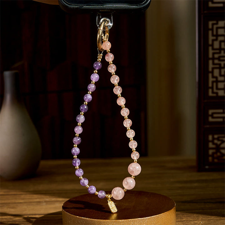 Buddha Stones, quarzo fragola, ametista, felicità, guarigione, portachiavi, decorazione da appendere al telefono - image 4