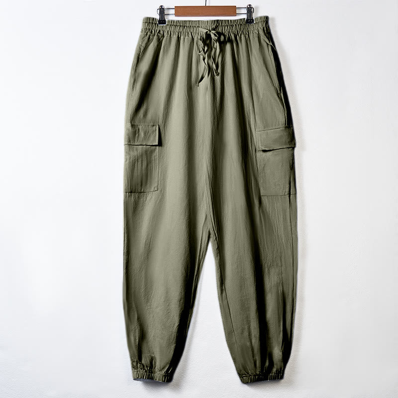 Pantaloni cargo da uomo in lino tinta unita con coulisse e tasche Buddha Stones - Verde Mare Scuro - US/UK/AU46, EU56 (3XL) - image 29