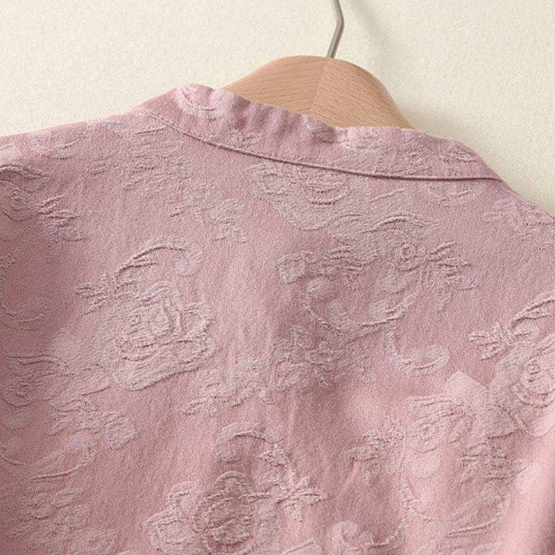 Camicia da donna in cotone e lino con bottoni, manica lunga, in jacquard con bottoni diagonali Buddha Stones - image 14