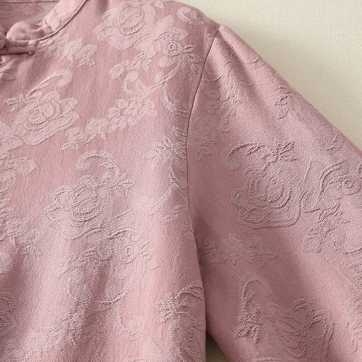 Camicia da donna in cotone e lino con bottoni, manica lunga, in jacquard con bottoni diagonali Buddha Stones - image 15