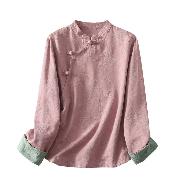 Camicia da donna in cotone e lino con bottoni, manica lunga, in jacquard con bottoni diagonali Buddha Stones - image 20