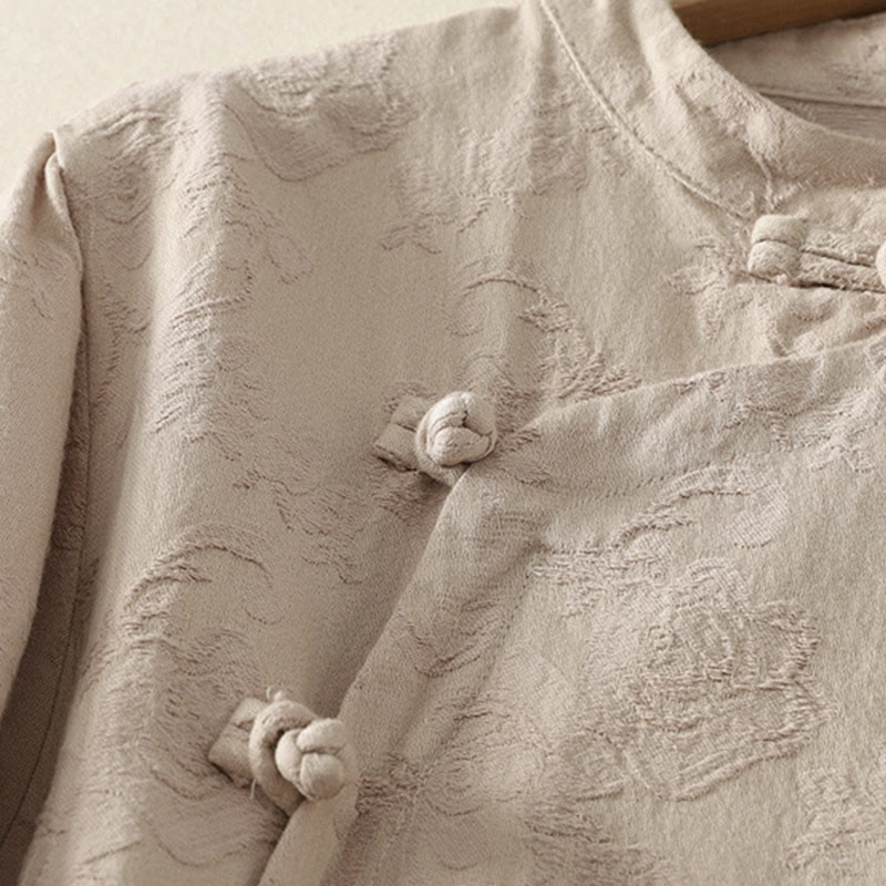 Camicia da donna in cotone e lino con bottoni, manica lunga, in jacquard con bottoni diagonali Buddha Stones - image 3
