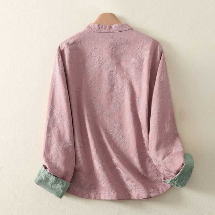 Camicia da donna in cotone e lino con bottoni, manica lunga, in jacquard con bottoni diagonali Buddha Stones - image 12
