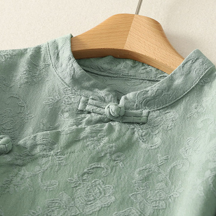 Camicia da donna in cotone e lino con bottoni, manica lunga, in jacquard con bottoni diagonali Buddha Stones - image 7