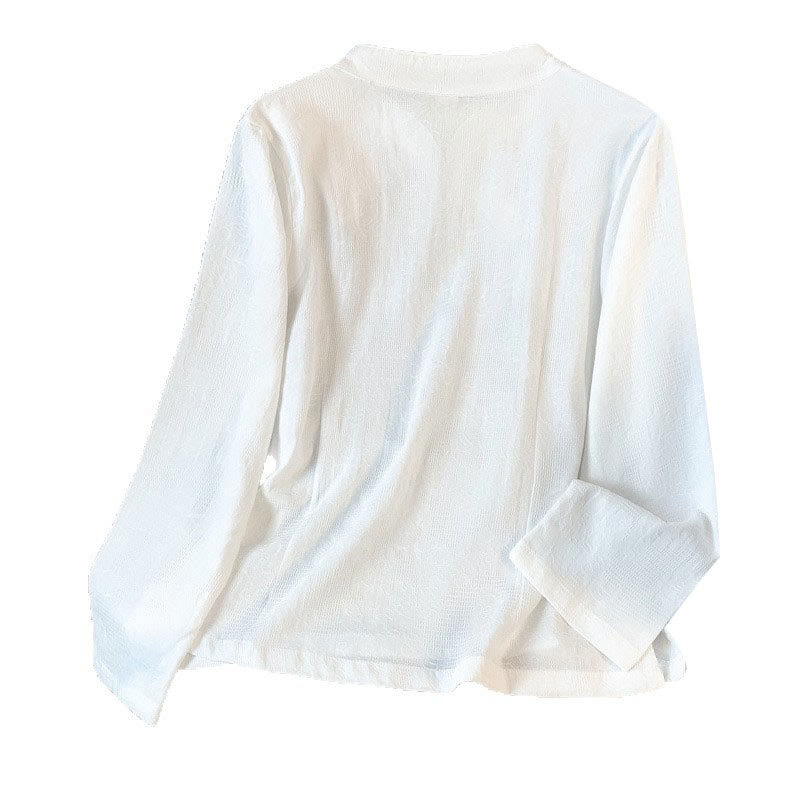 Camicia da donna a maniche lunghe con colletto alla coreana e bottoni a rana cinese, in jacquard con motivo Buddha Stones Commute. - image 19