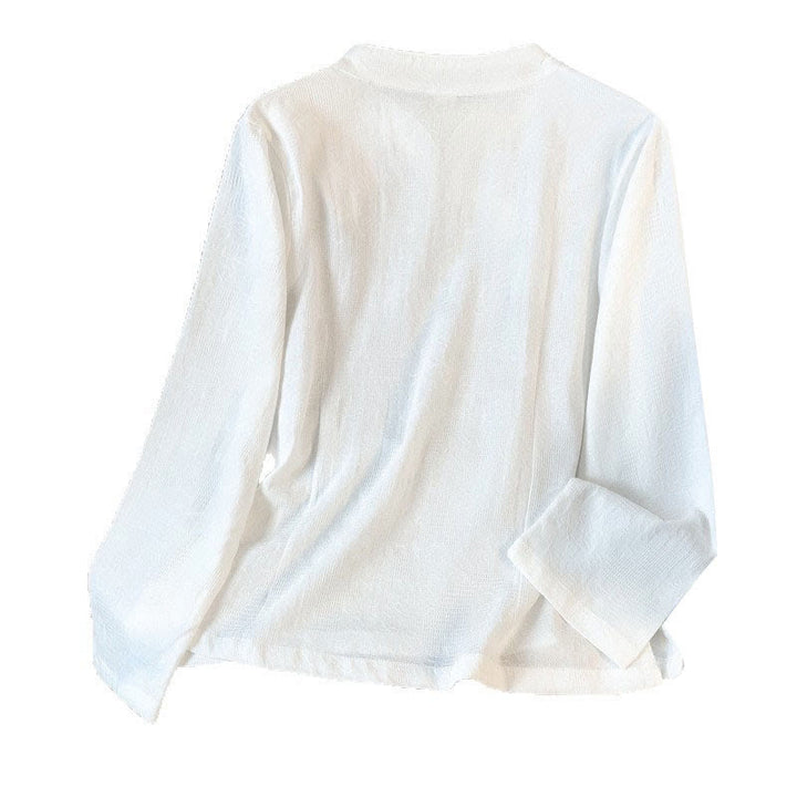 Camicia da donna a maniche lunghe con colletto alla coreana e bottoni a rana cinese, in jacquard con motivo Buddha Stones Commute. - image 19