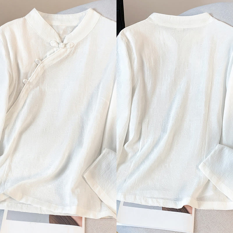 Camicia da donna a maniche lunghe con colletto alla coreana e bottoni a rana cinese, in jacquard con motivo Buddha Stones Commute. - image 18