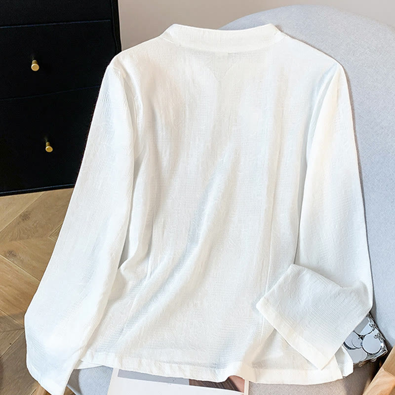 Camicia da donna a maniche lunghe con colletto alla coreana e bottoni a rana cinese, in jacquard con motivo Buddha Stones Commute. - image 11