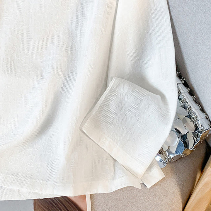 Camicia da donna a maniche lunghe con colletto alla coreana e bottoni a rana cinese, in jacquard con motivo Buddha Stones Commute. - image 17