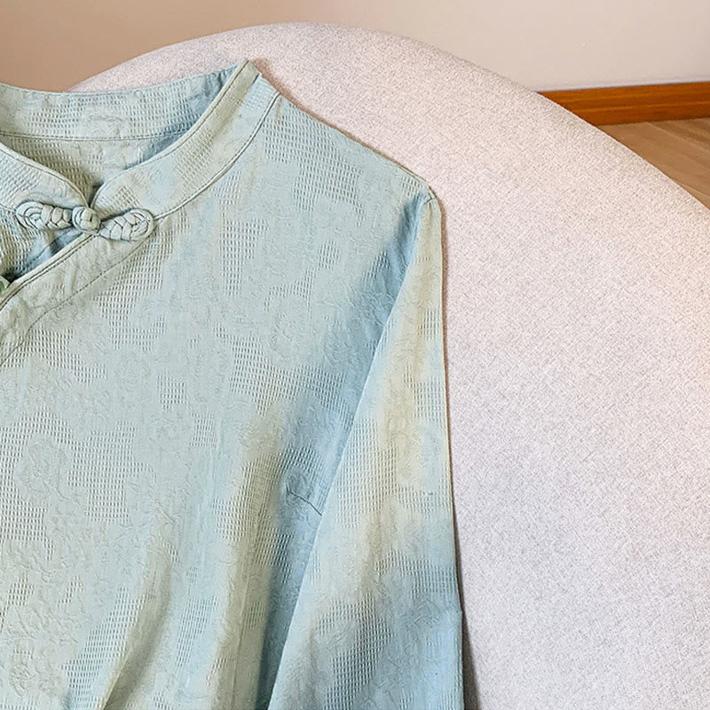 Camicia da donna a maniche lunghe con colletto alla coreana e bottoni a rana cinese, in jacquard con motivo Buddha Stones Commute. - image 6