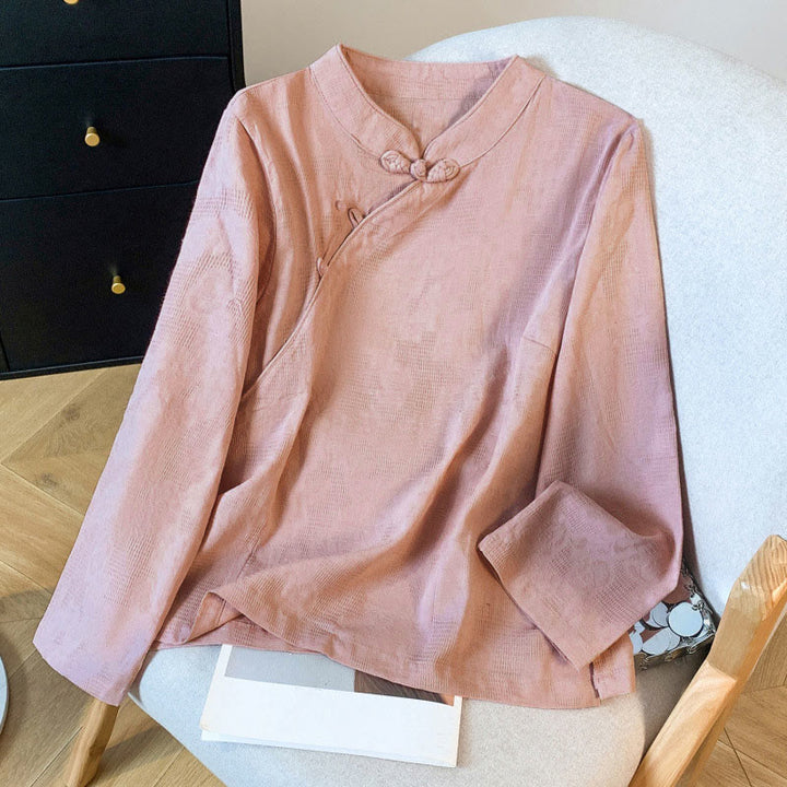 Camicia da donna a maniche lunghe con colletto alla coreana e bottoni a rana cinese, in jacquard con motivo Buddha Stones Commute. - Salmone scuro - US8-10, UK/AU12-14, EU40-42 (2XL) - image 20