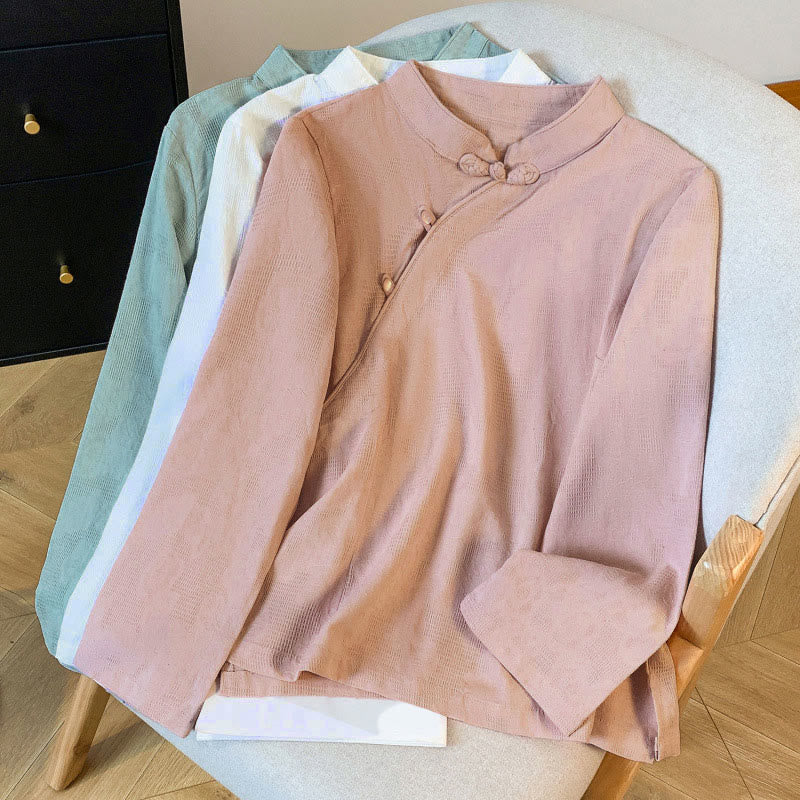 Camicia da donna a maniche lunghe con colletto alla coreana e bottoni a rana cinese, in jacquard con motivo Buddha Stones Commute. - image 29
