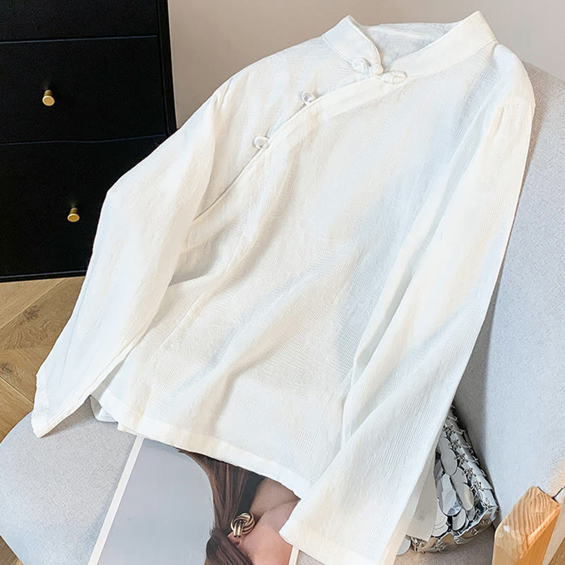 Camicia da donna a maniche lunghe con colletto alla coreana e bottoni a rana cinese, in jacquard con motivo Buddha Stones Commute. - image 12