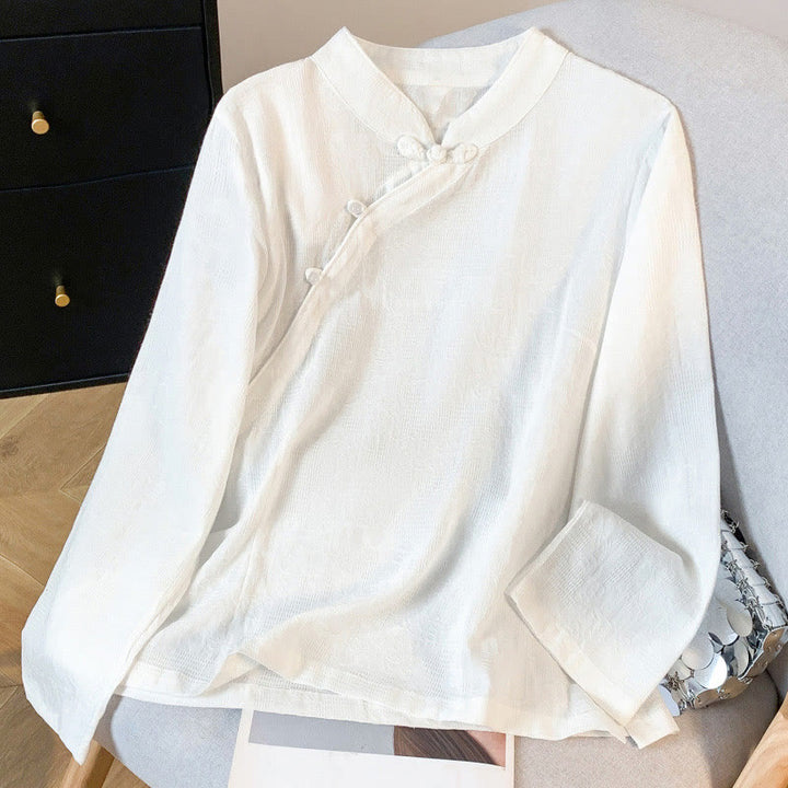 Camicia da donna a maniche lunghe con colletto alla coreana e bottoni a rana cinese, in jacquard con motivo Buddha Stones Commute. - Bianco - US8-10, UK/AU12-14, EU40-42 (2XL) - image 10