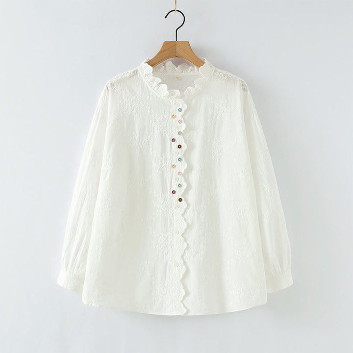 Camicia da donna in cotone a maniche lunghe con colletto arricciato, bottoni a rilievo ricamati con fiori Buddha Stones Fall - Bianco - US6， UK/AU10，EU38 (L) - image 2