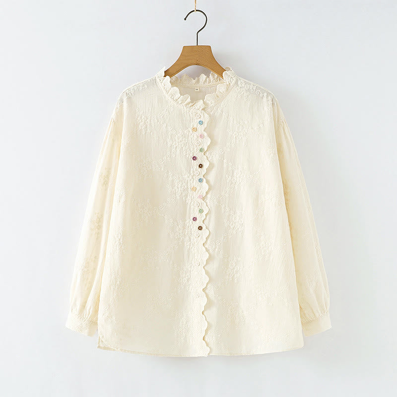 Camicia da donna in cotone a maniche lunghe con colletto arricciato, bottoni a rilievo ricamati con fiori Buddha Stones Fall - OldLace - US6， UK/AU10，EU38 (L) - image 0