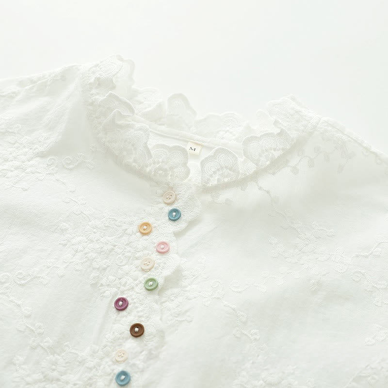Camicia da donna in cotone a maniche lunghe con colletto arricciato, bottoni a rilievo ricamati con fiori Buddha Stones Fall - image 5