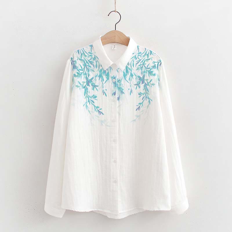 Camicia da donna in cotone a maniche lunghe con bottoni bianchi e verdi in stile Buddha Stones Fall - Bianco - US6， UK/AU10，EU38 (L) - image 0