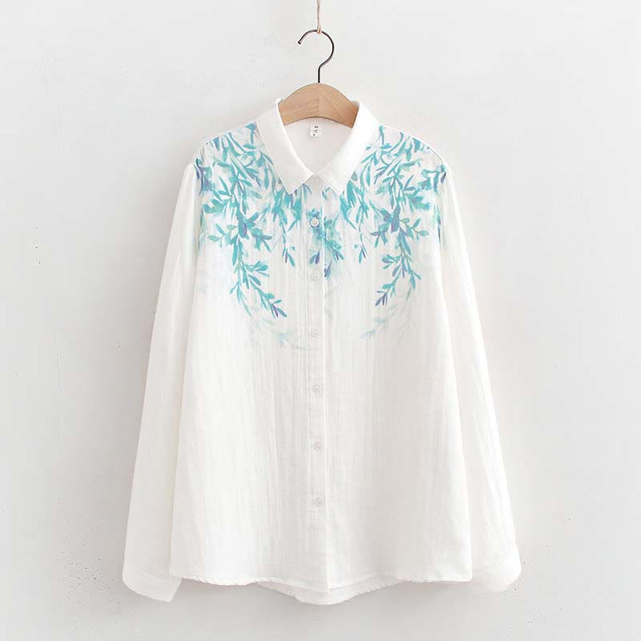 Camicia da donna in cotone a maniche lunghe con bottoni bianchi e verdi in stile Buddha Stones Fall - Bianco - US6， UK/AU10，EU38 (L) - image 0