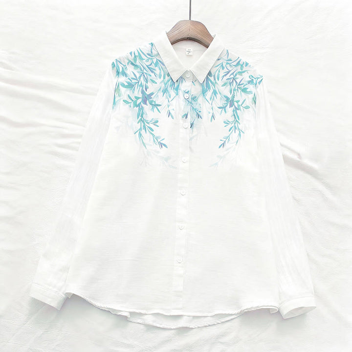 Camicia da donna in cotone a maniche lunghe con bottoni bianchi e verdi in stile Buddha Stones Fall - image 1