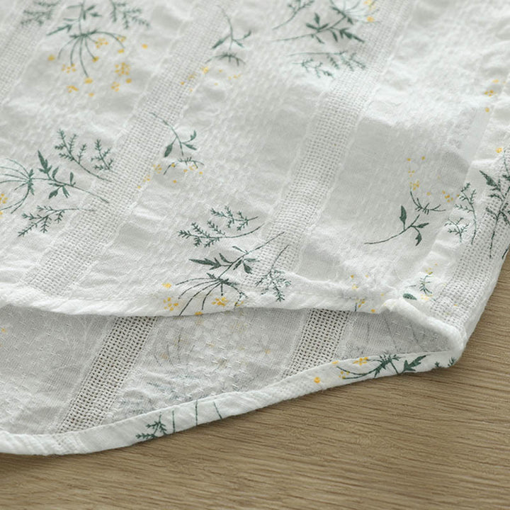 Camicia da donna in cotone a maniche lunghe con bottoni, motivo Buddha Stones Fall, fiori bianchi e gialli, foglie verdi - image 9