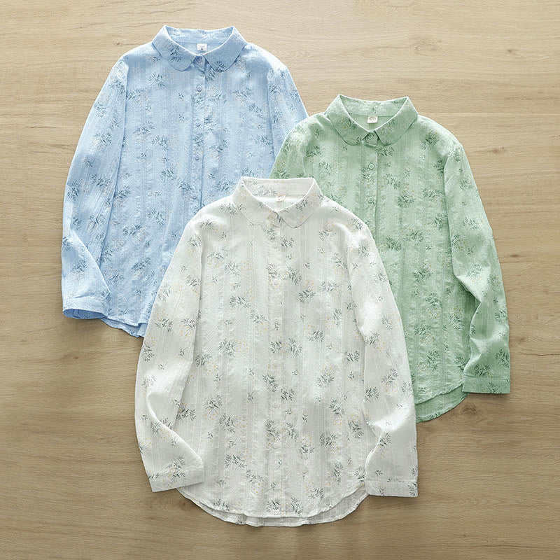 Camicia da donna in cotone a maniche lunghe con bottoni, motivo Buddha Stones Fall, fiori bianchi e gialli, foglie verdi - image 13