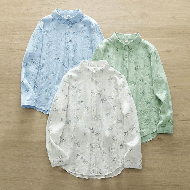 Camicia da donna in cotone a maniche lunghe con bottoni, motivo Buddha Stones Fall, fiori bianchi e gialli, foglie verdi - image 13