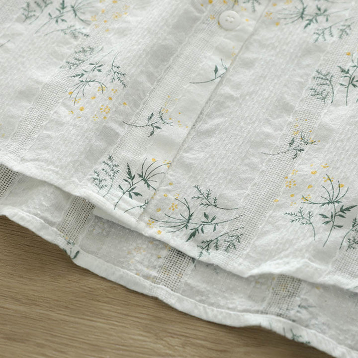 Camicia da donna in cotone a maniche lunghe con bottoni, motivo Buddha Stones Fall, fiori bianchi e gialli, foglie verdi - image 8