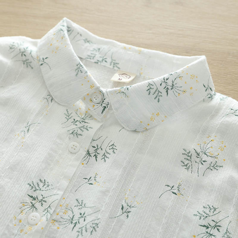 Camicia da donna in cotone a maniche lunghe con bottoni, motivo Buddha Stones Fall, fiori bianchi e gialli, foglie verdi - image 3