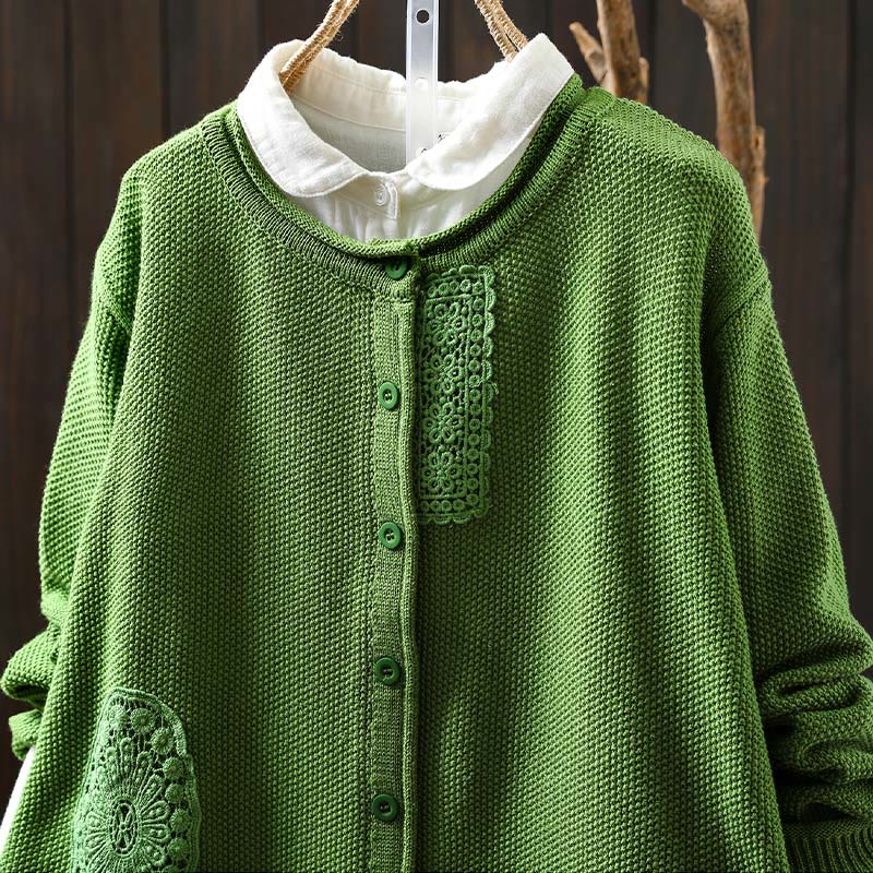 Cardigan lavorato a maglia a maniche lunghe in cotone con bottoni floreali autunnali Buddha Stones da donna - image 23