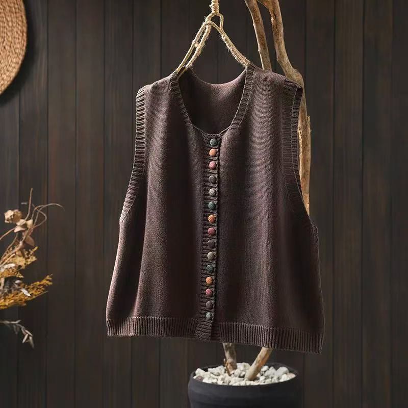 Gilet da donna senza maniche in maglia con bottoni colorati Buddha Stones - Marrone sella - US4, UK/AU8, EU36-38 (F) - image 3
