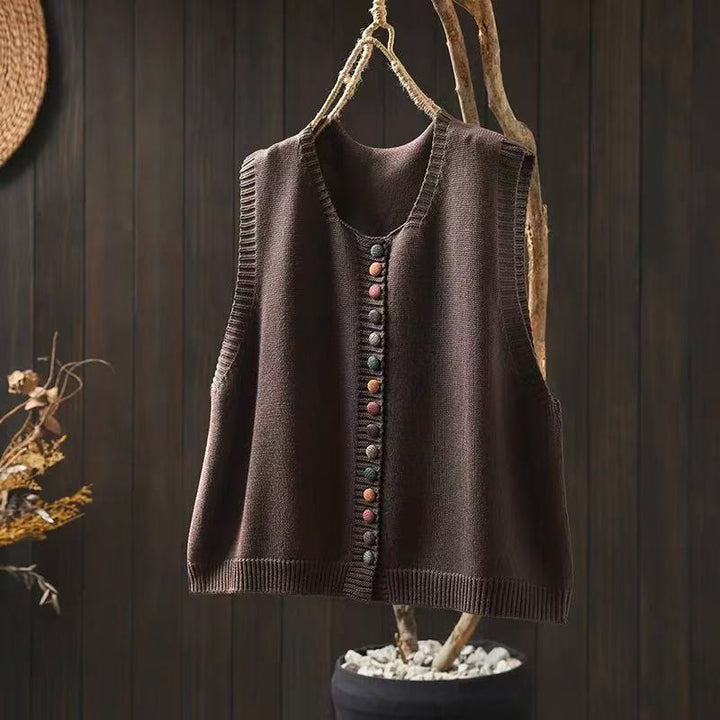 Gilet da donna senza maniche in maglia con bottoni colorati Buddha Stones - Marrone sella - US4, UK/AU8, EU36-38 (F) - image 3