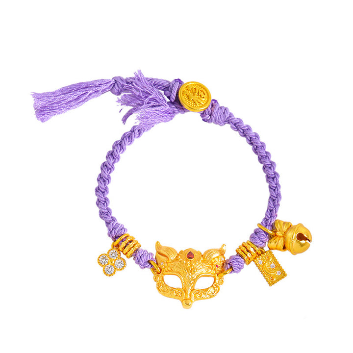 Bracciale portafortuna con corda viola intrecciata, ciondolo a forma di campana di volpe in ottone placcato oro 24k con carattere Fu Buddha Stones - image 5