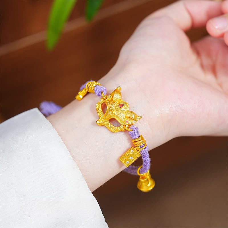 Bracciale portafortuna con corda viola intrecciata, ciondolo a forma di campana di volpe in ottone placcato oro 24k con carattere Fu Buddha Stones - image 2