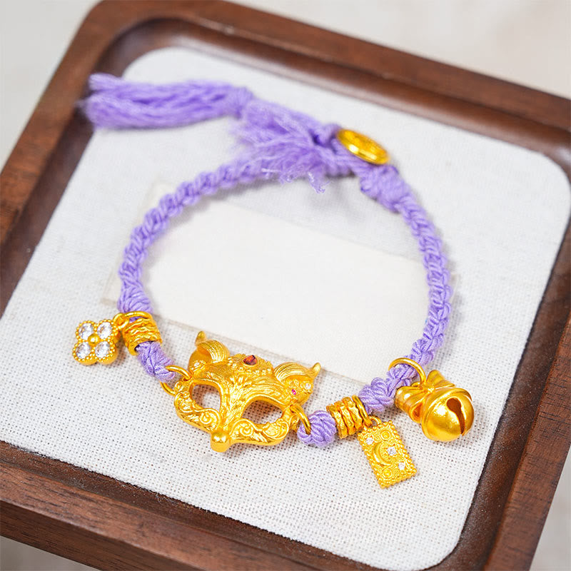 Bracciale portafortuna con corda viola intrecciata, ciondolo a forma di campana di volpe in ottone placcato oro 24k con carattere Fu Buddha Stones - image 0