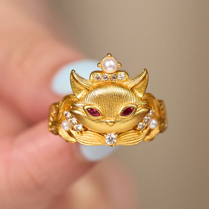 Anello regolabile in ottone placcato oro 24k con testa di volpe Buddha Stones - image 3