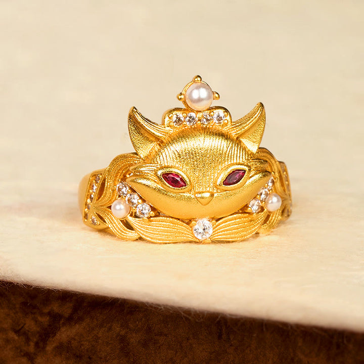 Anello regolabile in ottone placcato oro 24k con testa di volpe Buddha Stones - image 2
