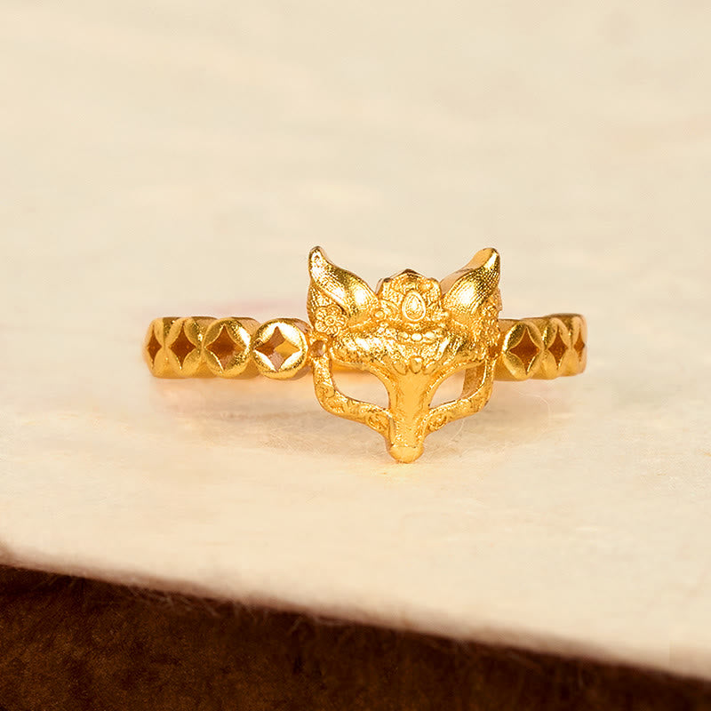 Anello regolabile con design cavo a forma di moneta di volpe in ottone placcato oro 24k Buddha Stones - image 2