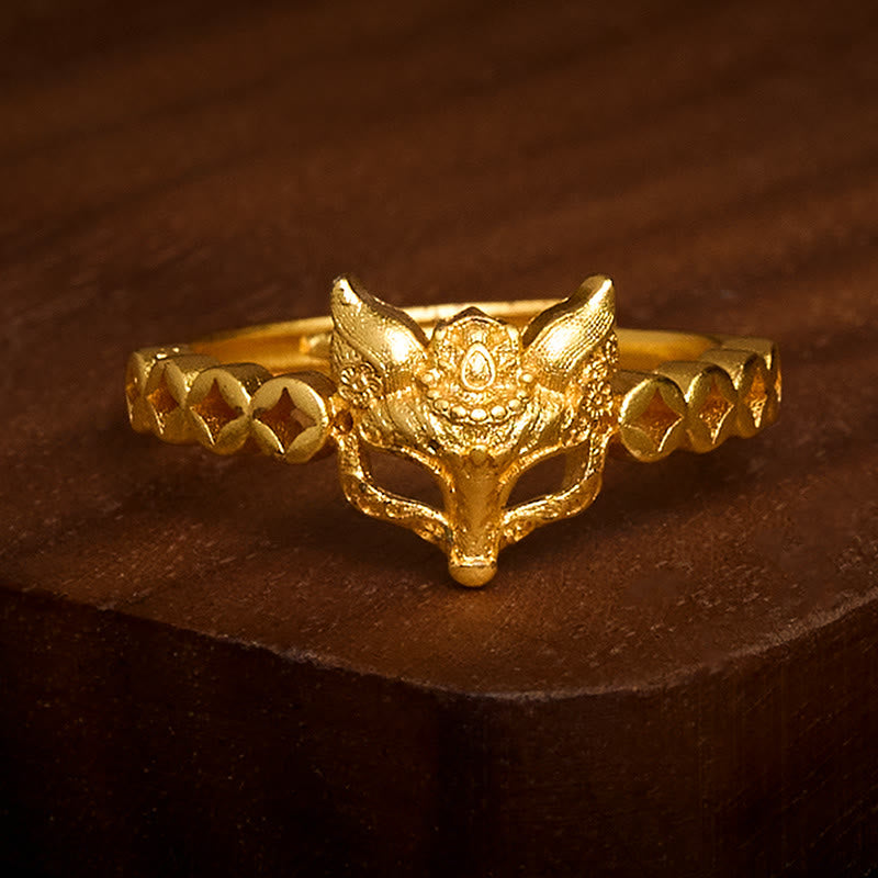 Anello regolabile con design cavo a forma di moneta di volpe in ottone placcato oro 24k Buddha Stones - image 1