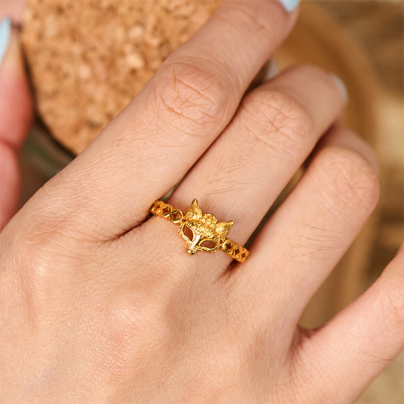 Anello regolabile con design cavo a forma di moneta di volpe in ottone placcato oro 24k Buddha Stones - image 4